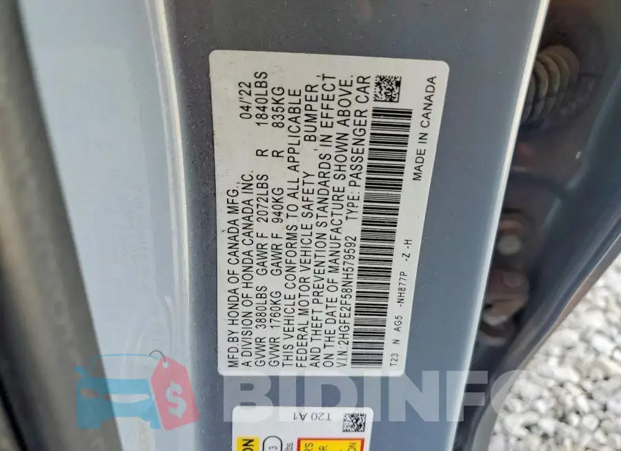 2HGFE2F58NH579592 Photo# 12