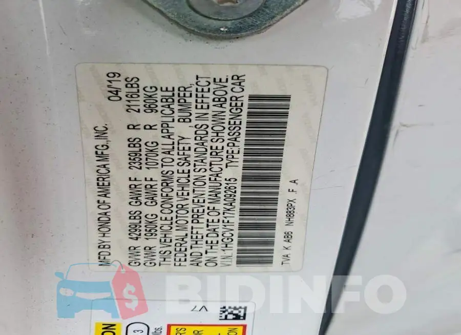 1HGCV1F17KA092615 Photo# 12