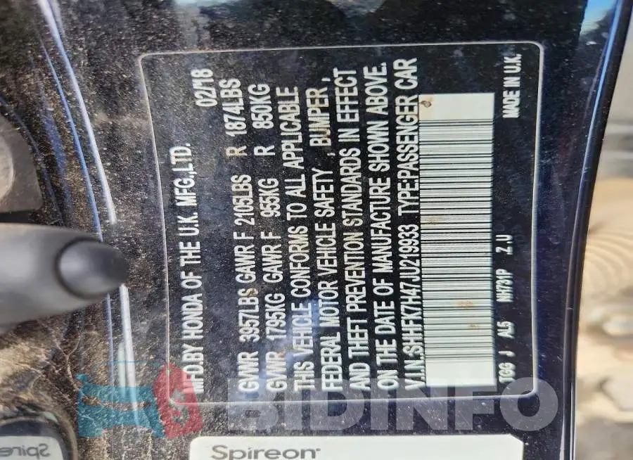 SHHFK7H47JU219933 Photo# 13