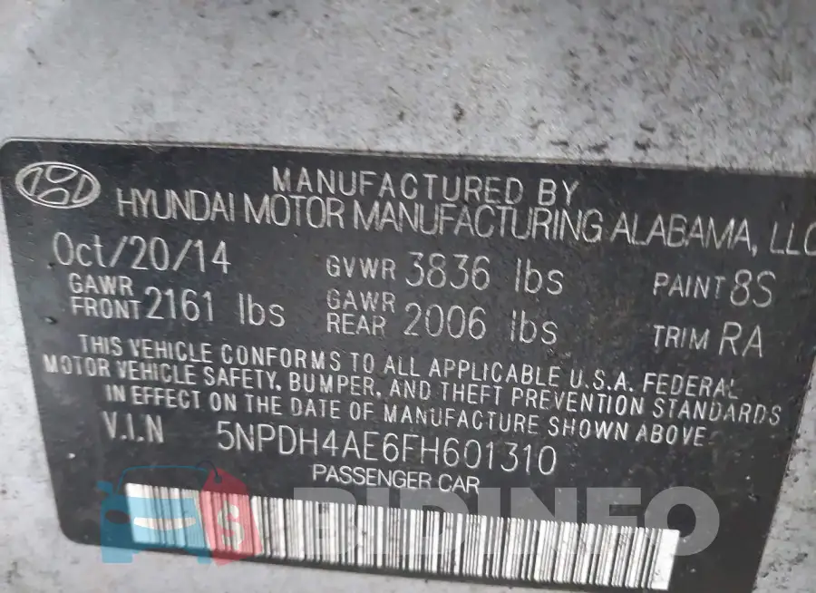 5NPDH4AE6FH601310 Photo# 9