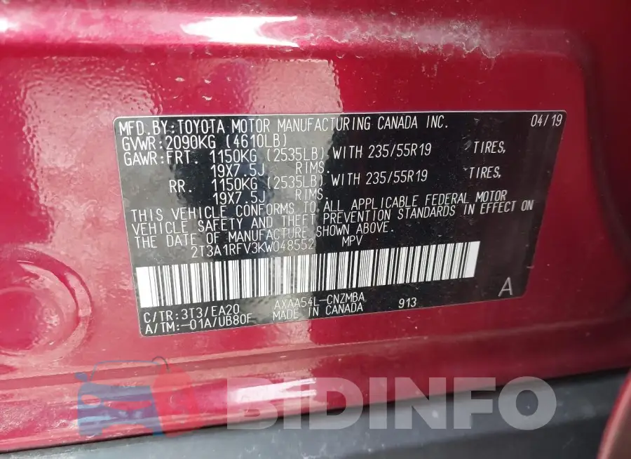2T3A1RFV3KW048552 Photo# 9