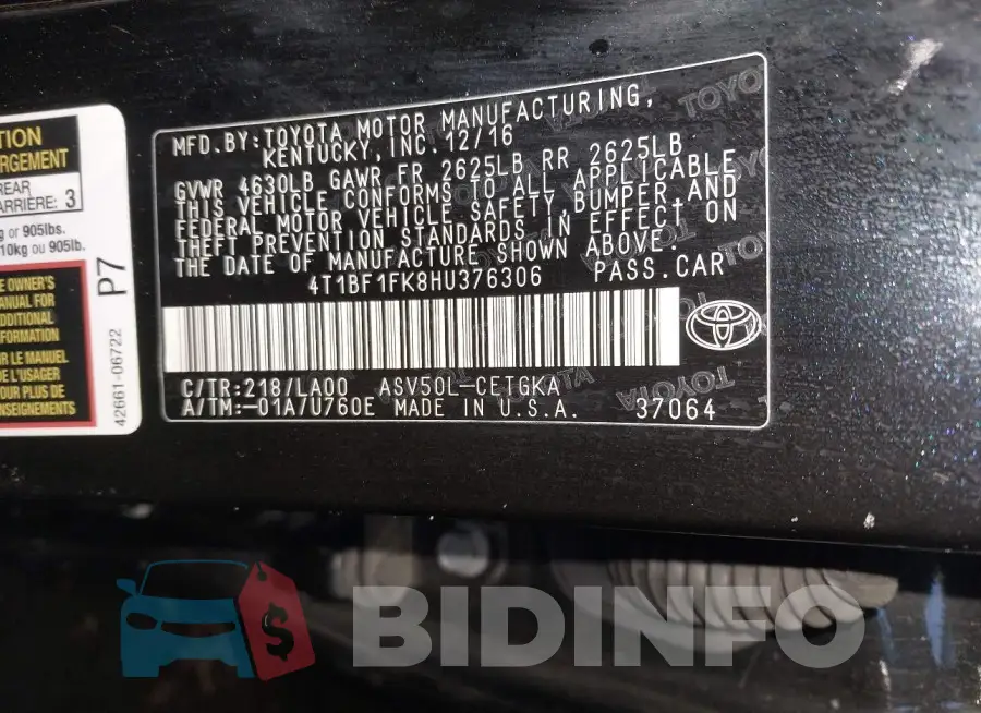 4T1BF1FK8HU376306 Photo# 9