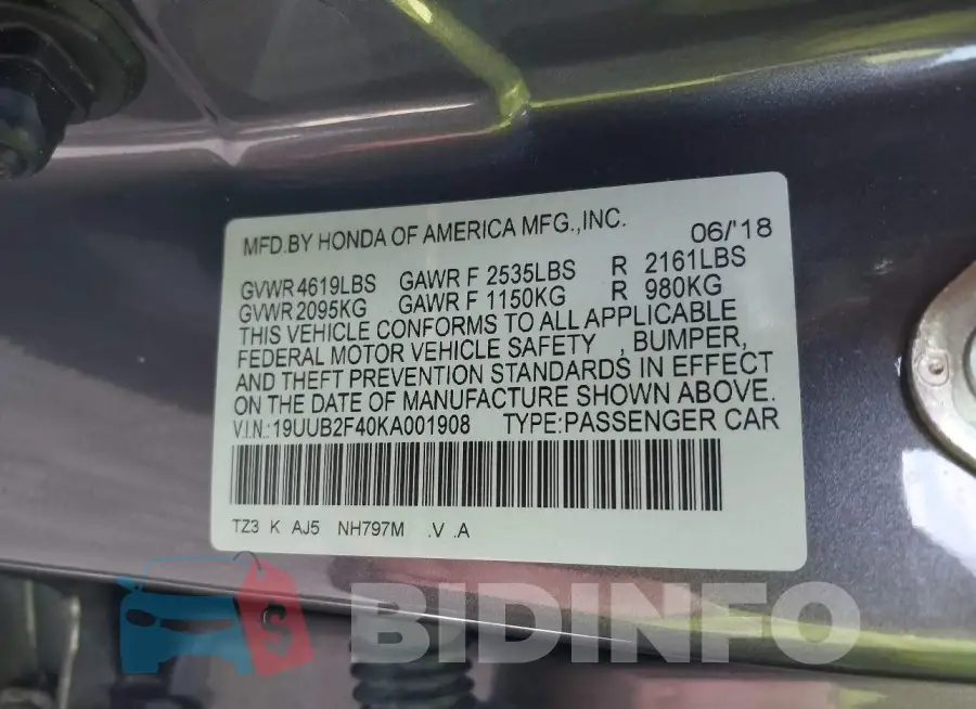 19UUB2F40KA001908 Photo# 9
