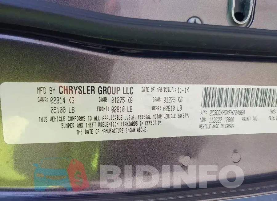 2C3CDXHGXFH724864 Photo# 9