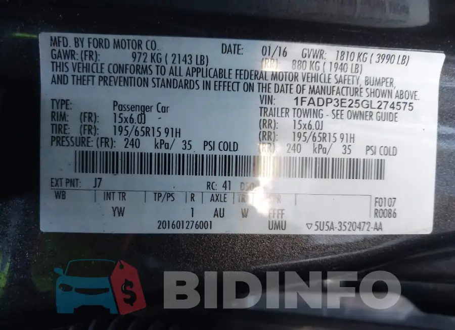 1FADP3E25GL274575 Photo# 9