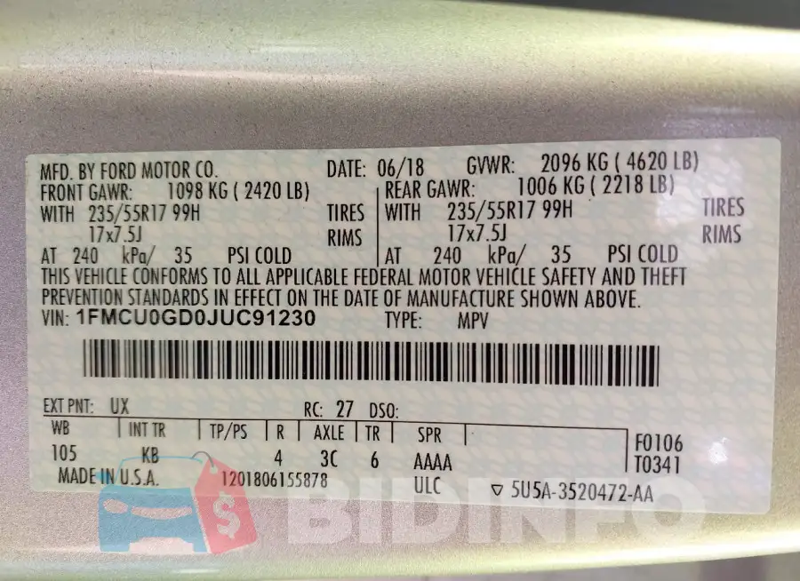 1FMCU0GD0JUC91230 Photo# 9