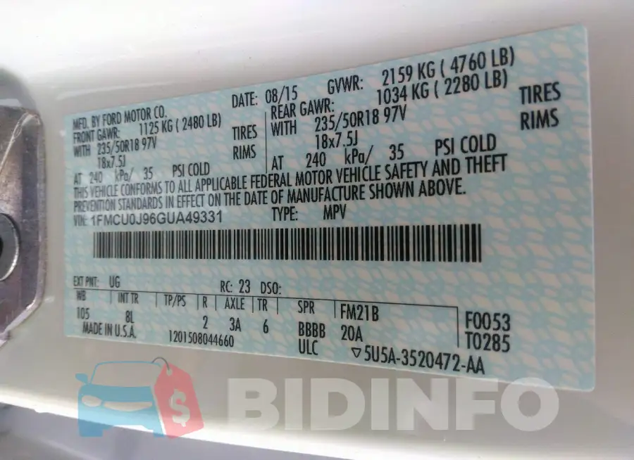 1FMCU0J96GUA49331 Photo# 9