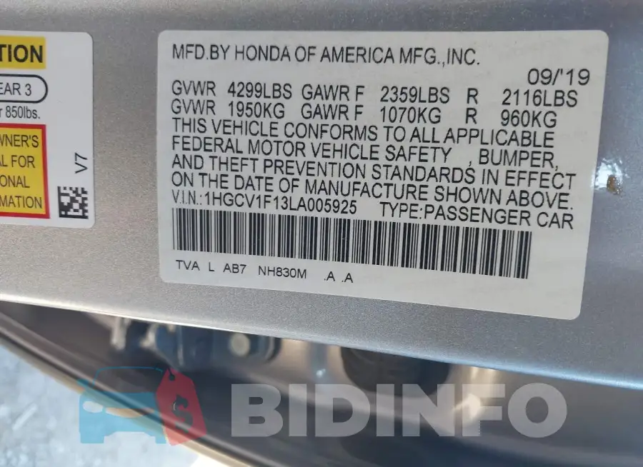 1HGCV1F13LA005925 Photo# 9