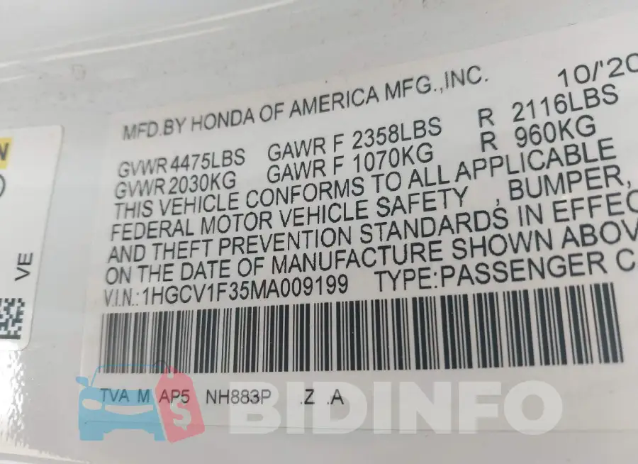 1HGCV1F35MA009199 Photo# 9