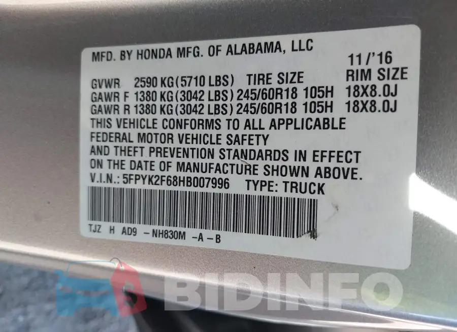 5FPYK2F68HB007996 Photo# 9