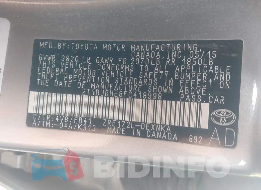 2T1BURHE8FC418998 Photo# 9
