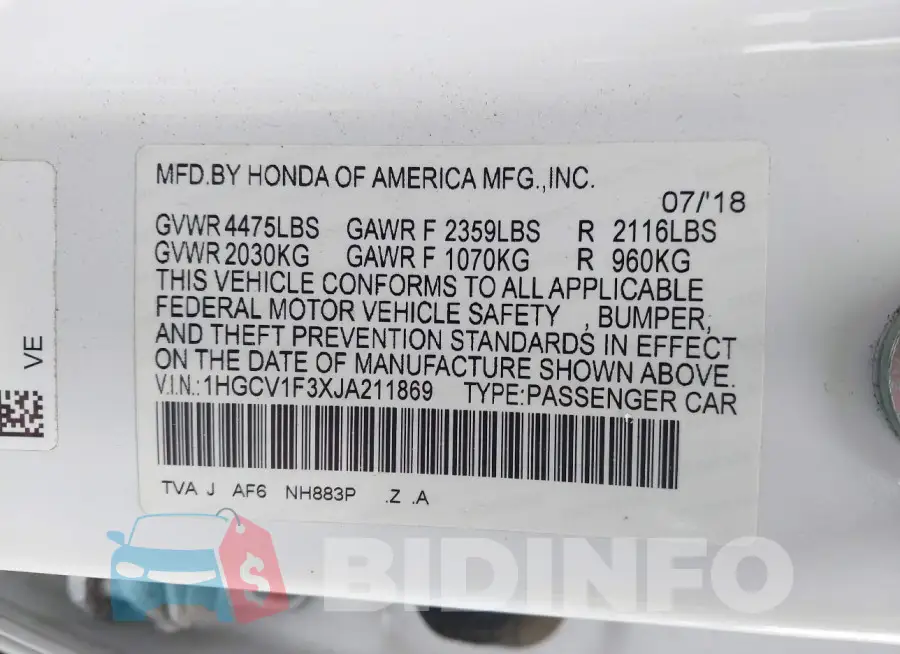 1HGCV1F3XJA211869 Photo# 9