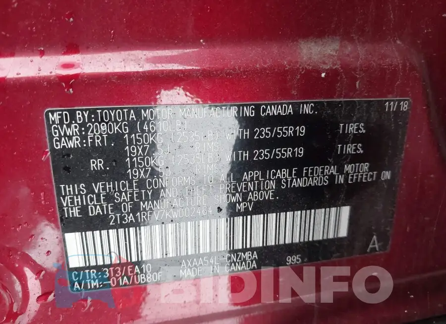 2T3A1RFV7KW002464 Photo# 9