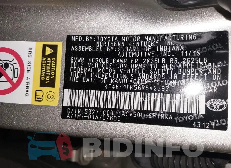 4T4BF1FK5GR542592 Photo# 9