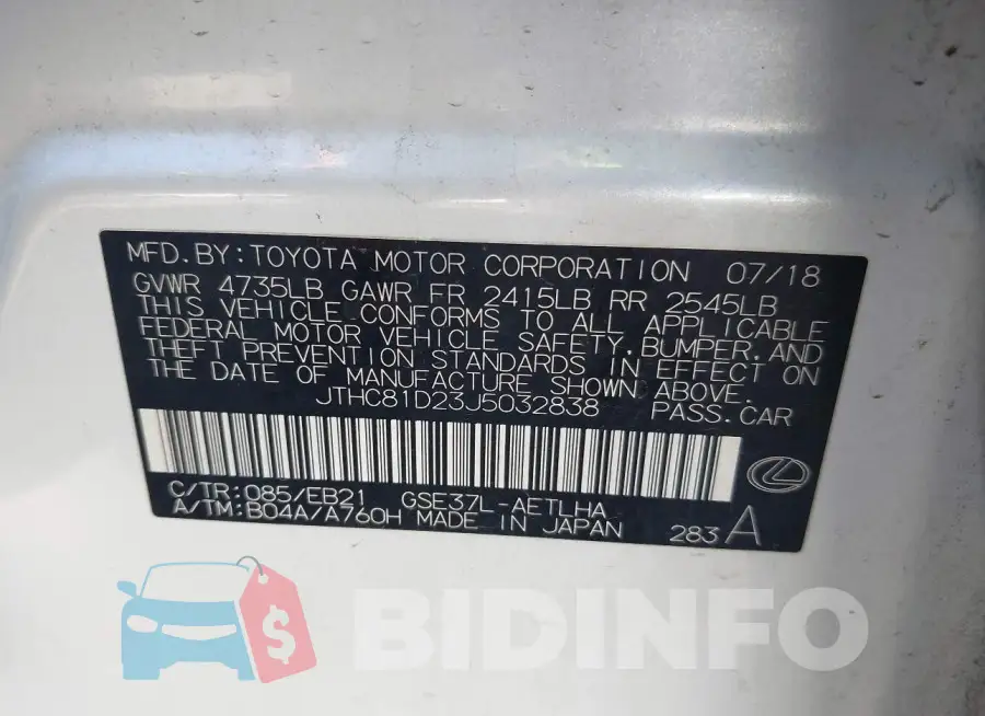JTHC81D23J5032838 Photo# 9
