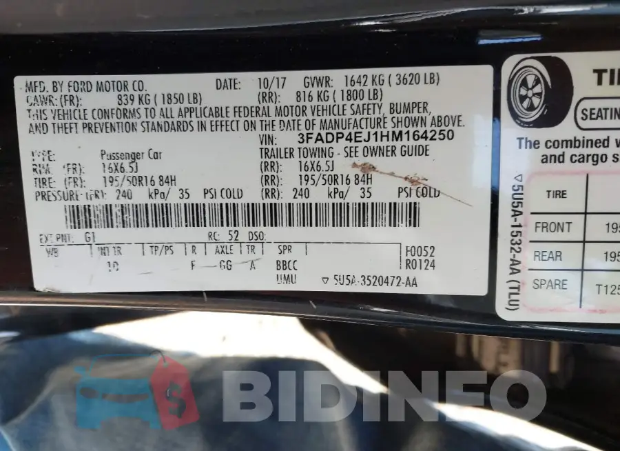 3FADP4EJ1HM164250 Photo# 9