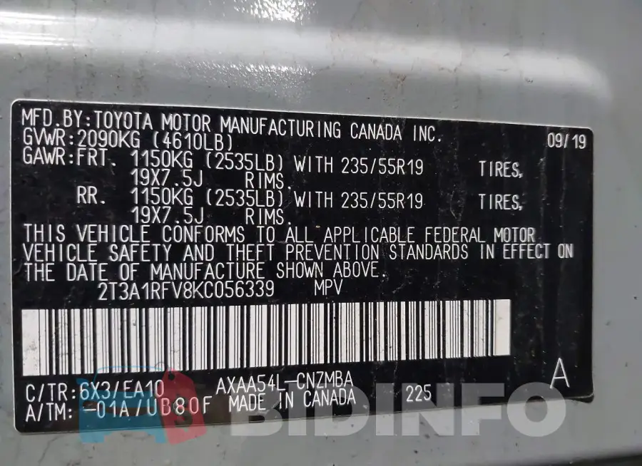 2T3A1RFV8KC056339 Photo# 9