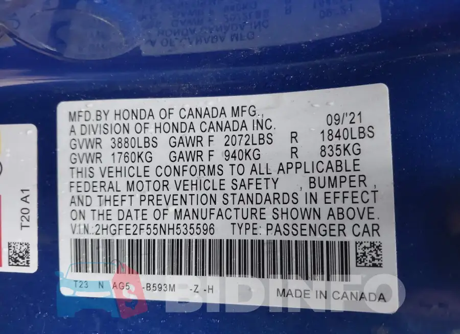 2HGFE2F55NH535596 Photo# 9