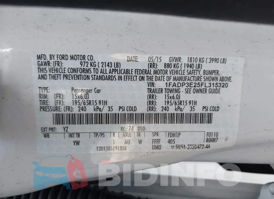 1FADP3E25FL315320 Photo# 9