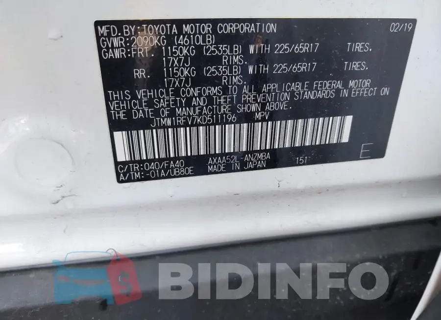 JTMW1RFV7KD511196 Photo# 9