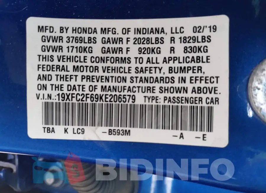 19XFC2F69KE206579 Photo# 9