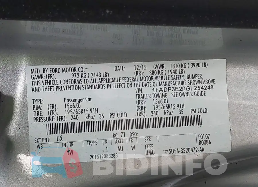 1FADP3E20GL254248 Photo# 9