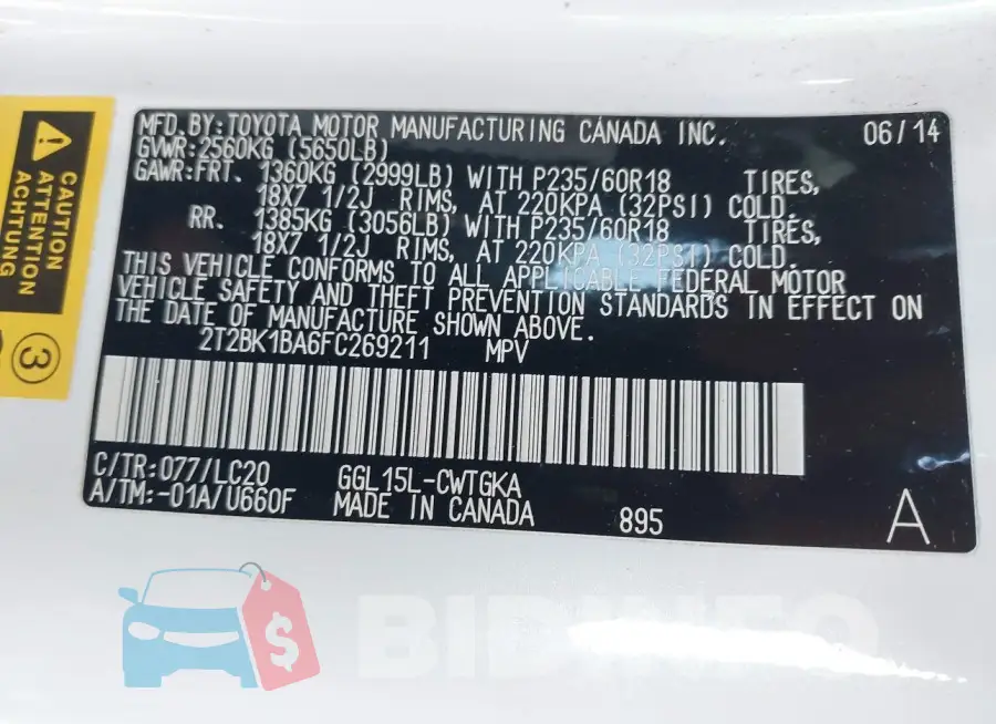 2T2BK1BA6FC269211 Photo# 9