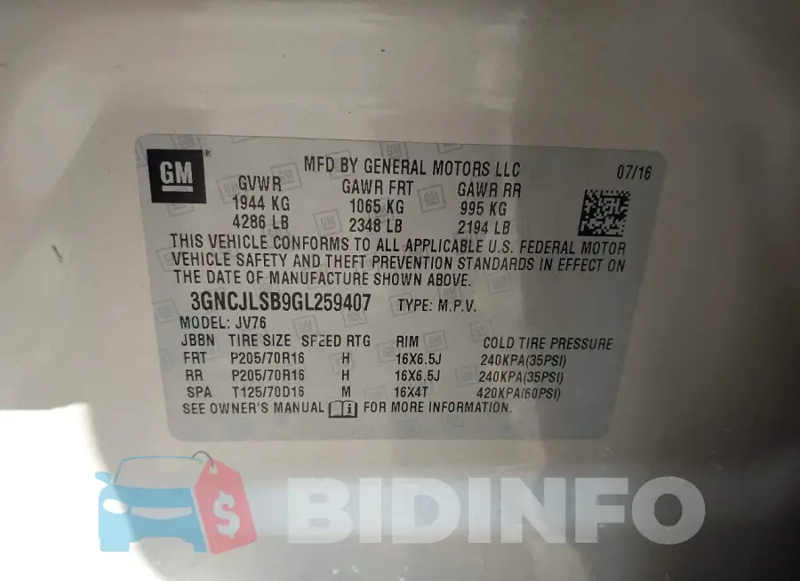 3GNCJLSB9GL259407 Photo# 9