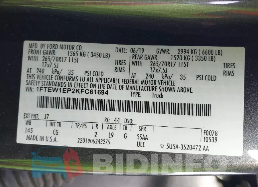 1FTEW1EP2KFC61694 Photo# 9