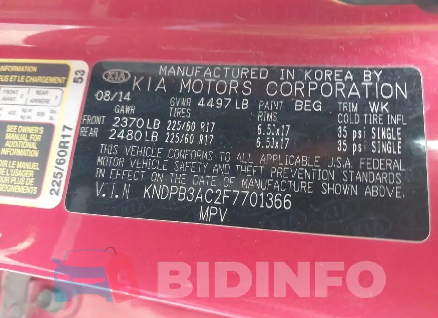 KNDPB3AC2F7701366 Photo# 9
