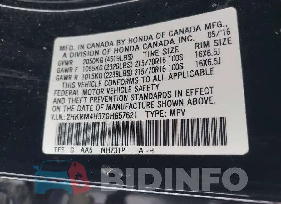 2HKRM4H37GH657621 Photo# 9