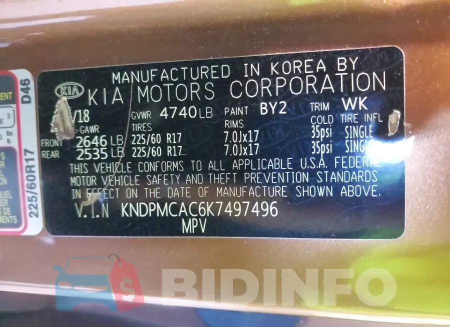 KNDPMCAC6K7497496 Photo# 9