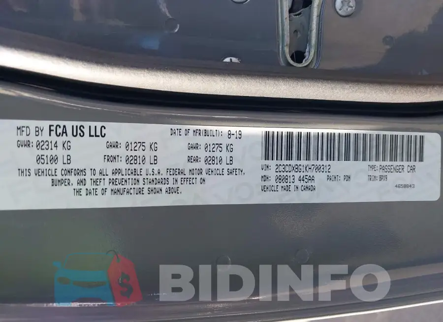 2C3CDXBG1KH700312 Photo# 9