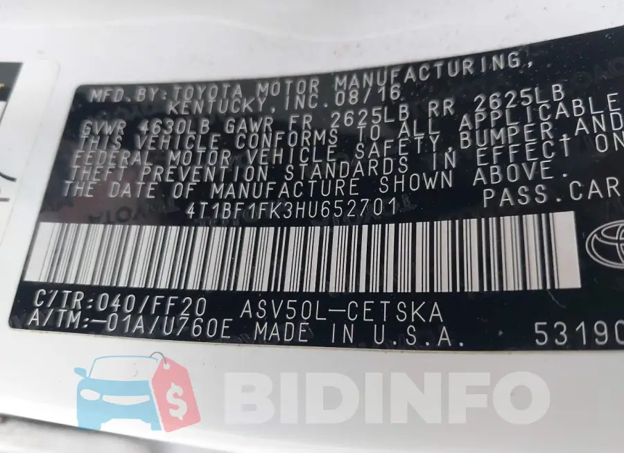 4T1BF1FK3HU652701 Photo# 9
