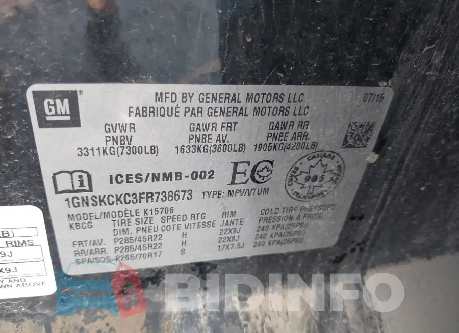 1GNSKCKC3FR738673 Photo# 9