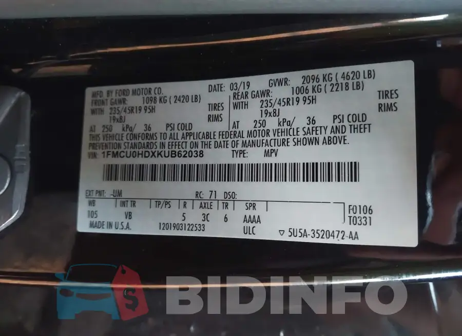 1FMCU0HDXKUB62038 Photo# 9