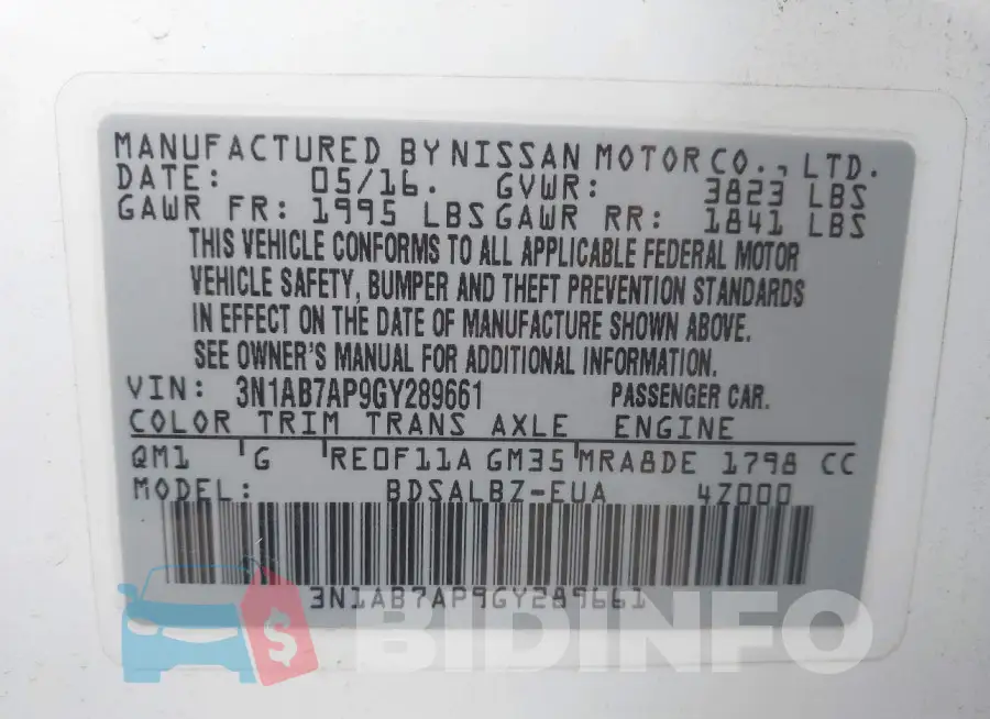3N1AB7AP9GY289661 Photo# 9
