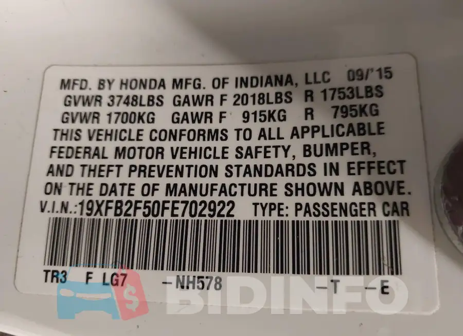 19XFB2F50FE702922 Photo# 9
