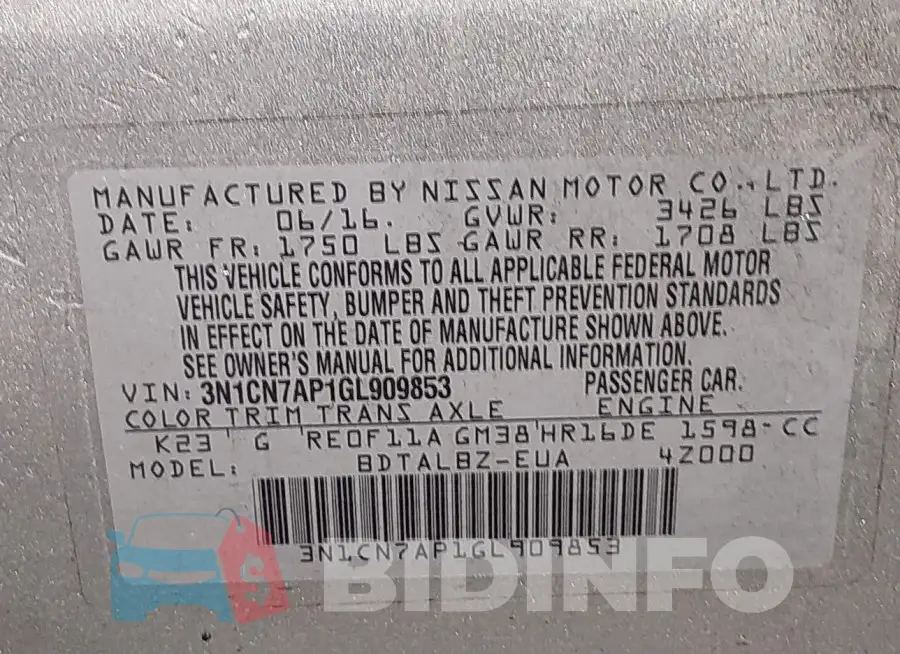 3N1CN7AP1GL909853 Photo# 9