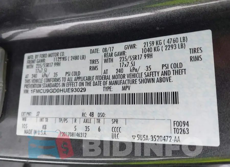 1FMCU9GD0HUE93029 Photo# 9