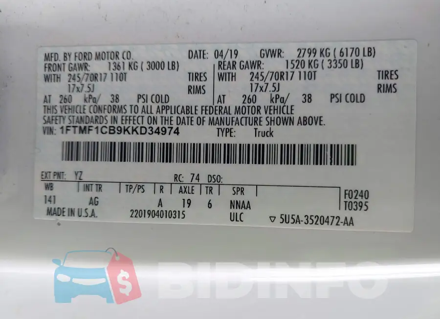 1FTMF1CB9KKD34974 Photo# 9