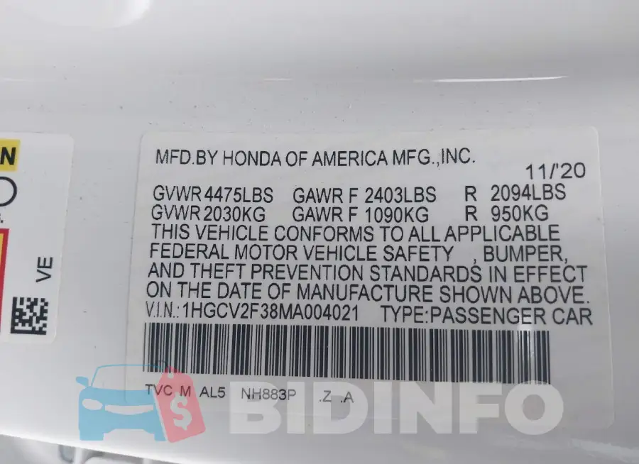 1HGCV2F38MA004021 Photo# 9
