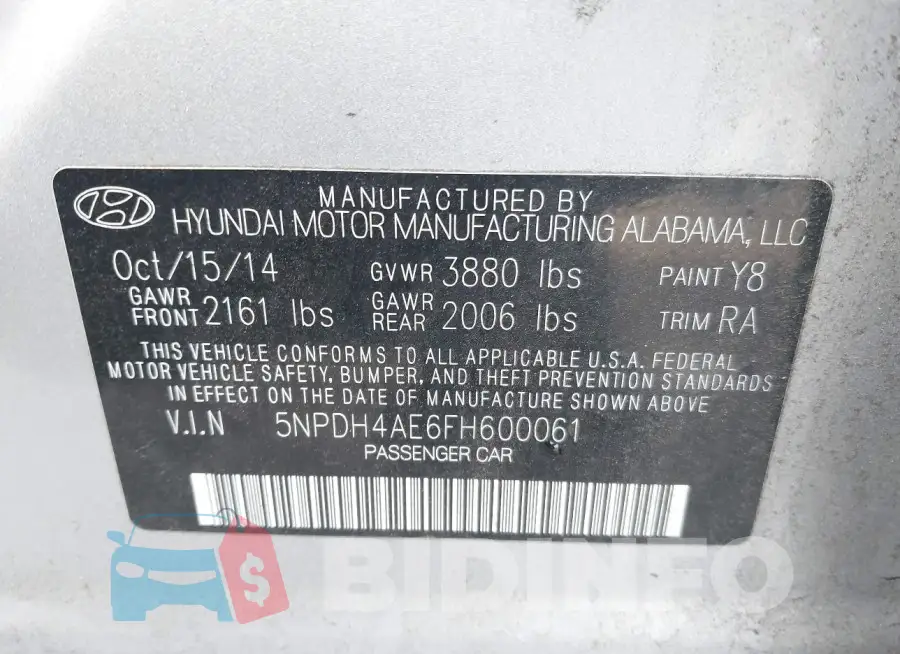 5NPDH4AE6FH600061 Photo# 9