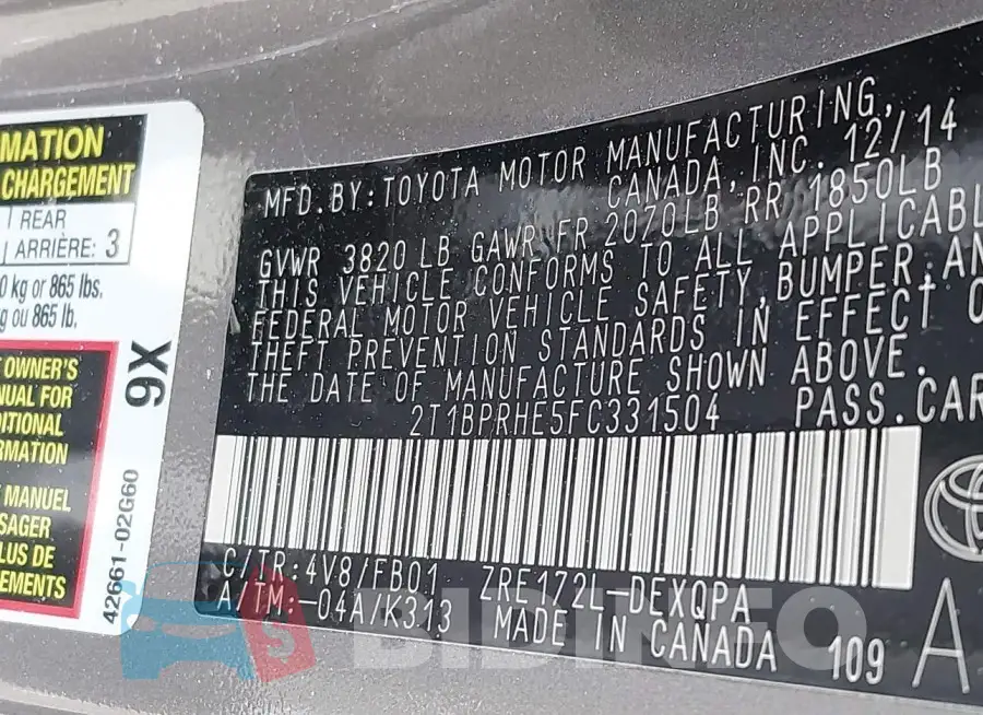 2T1BPRHE5FC331504 Photo# 9