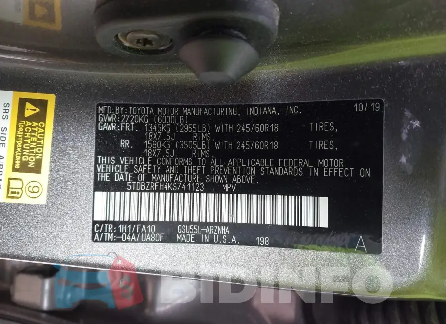 5TDBZRFH4KS741123 Photo# 9