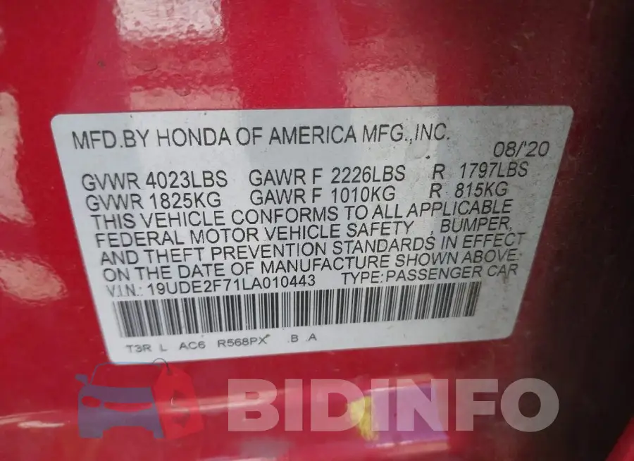 19UDE2F71LA010443 Photo# 9