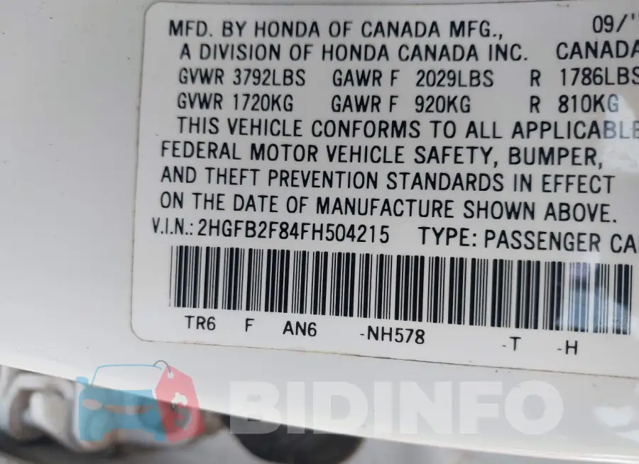 2HGFB2F84FH504215 Photo# 9