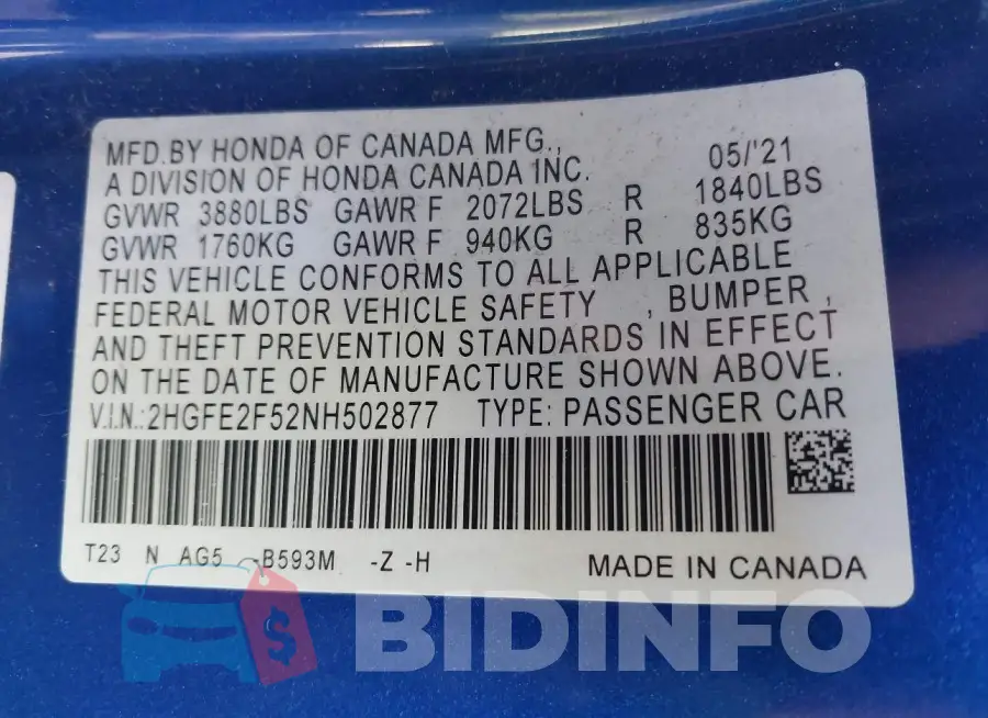 2HGFE2F52NH502877 Photo# 9