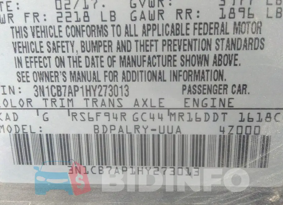 3N1CB7AP1HY273013 Photo# 9