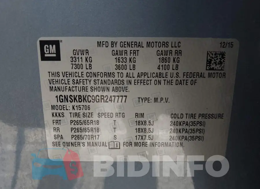 1GNSKBKC9GR247777 Photo# 9